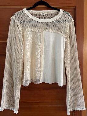 POL Cream Mixed-Media Lace & Mesh Long-Sleeve Tee